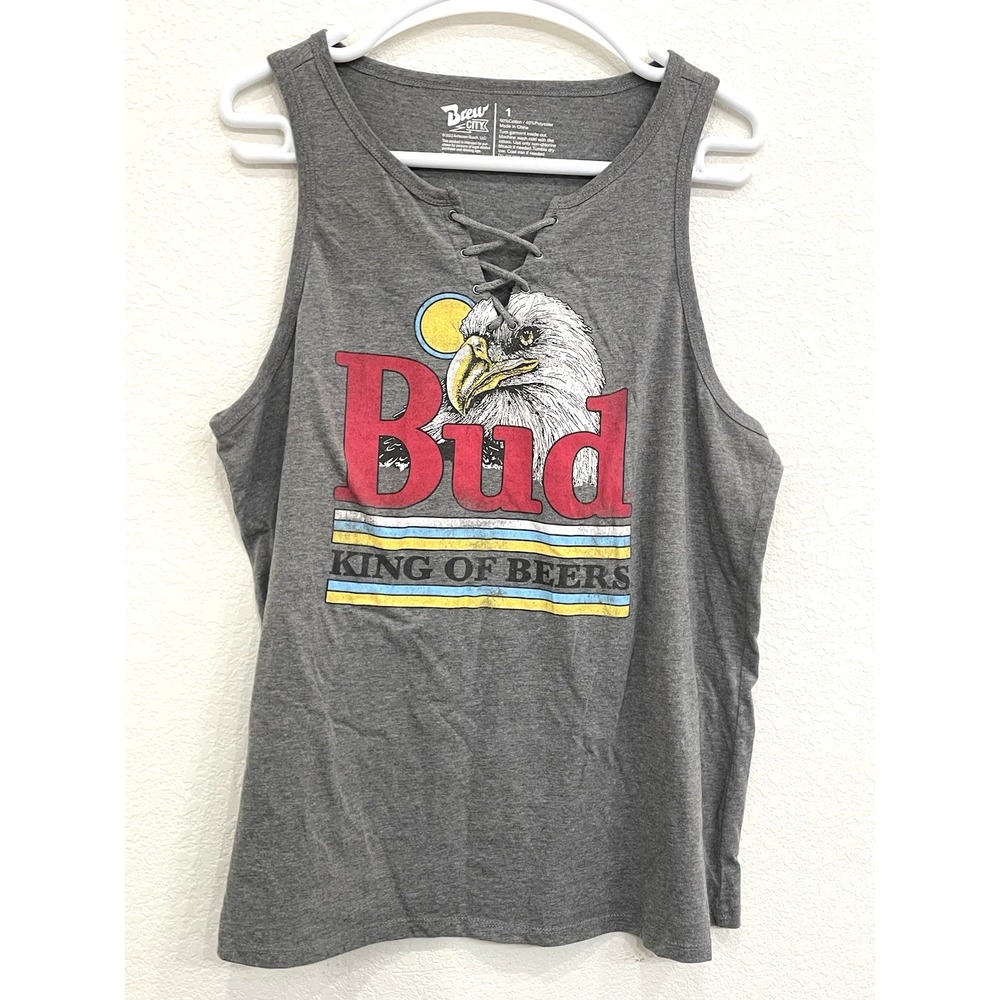 Brew City Budweiser Tank Top Women's 1 Gray Lace Up Eagle King of Beers Graphic